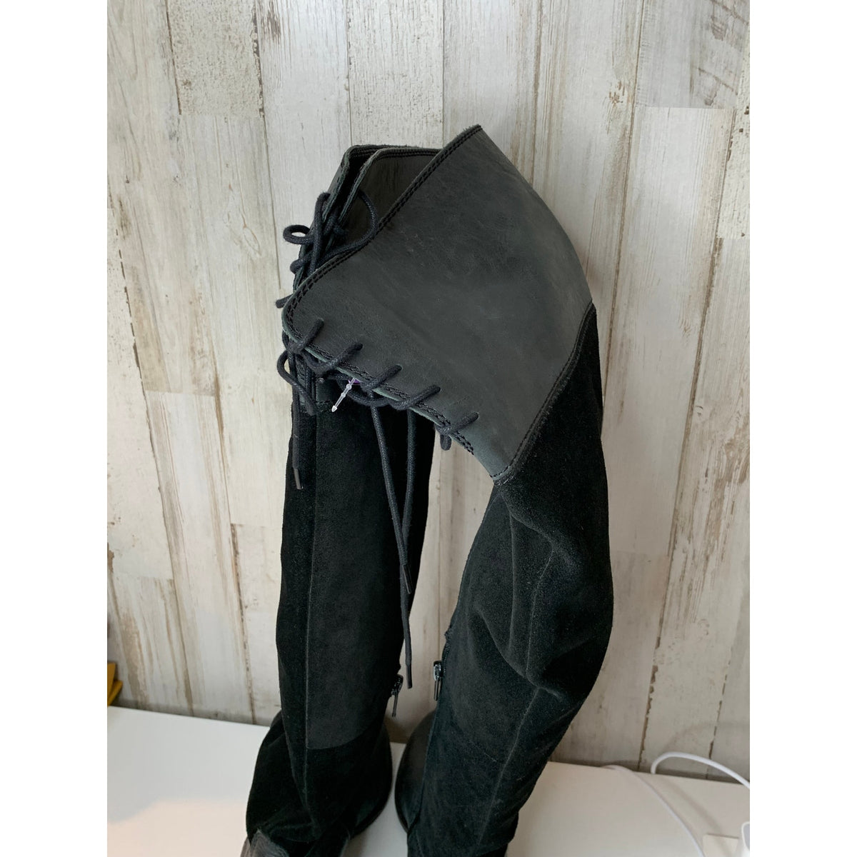 Lucky Brand Riding Boots Womens Size 6 Black Knee High Side Zip Block Heel