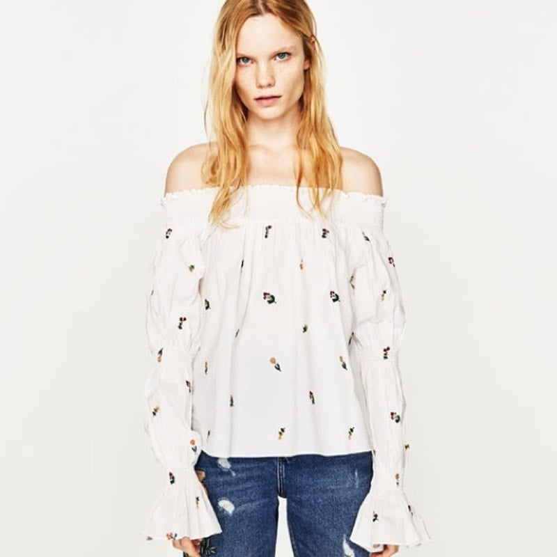 Zara Women's Off-Shoulder Floral Embroidered Blouse White Size Xs