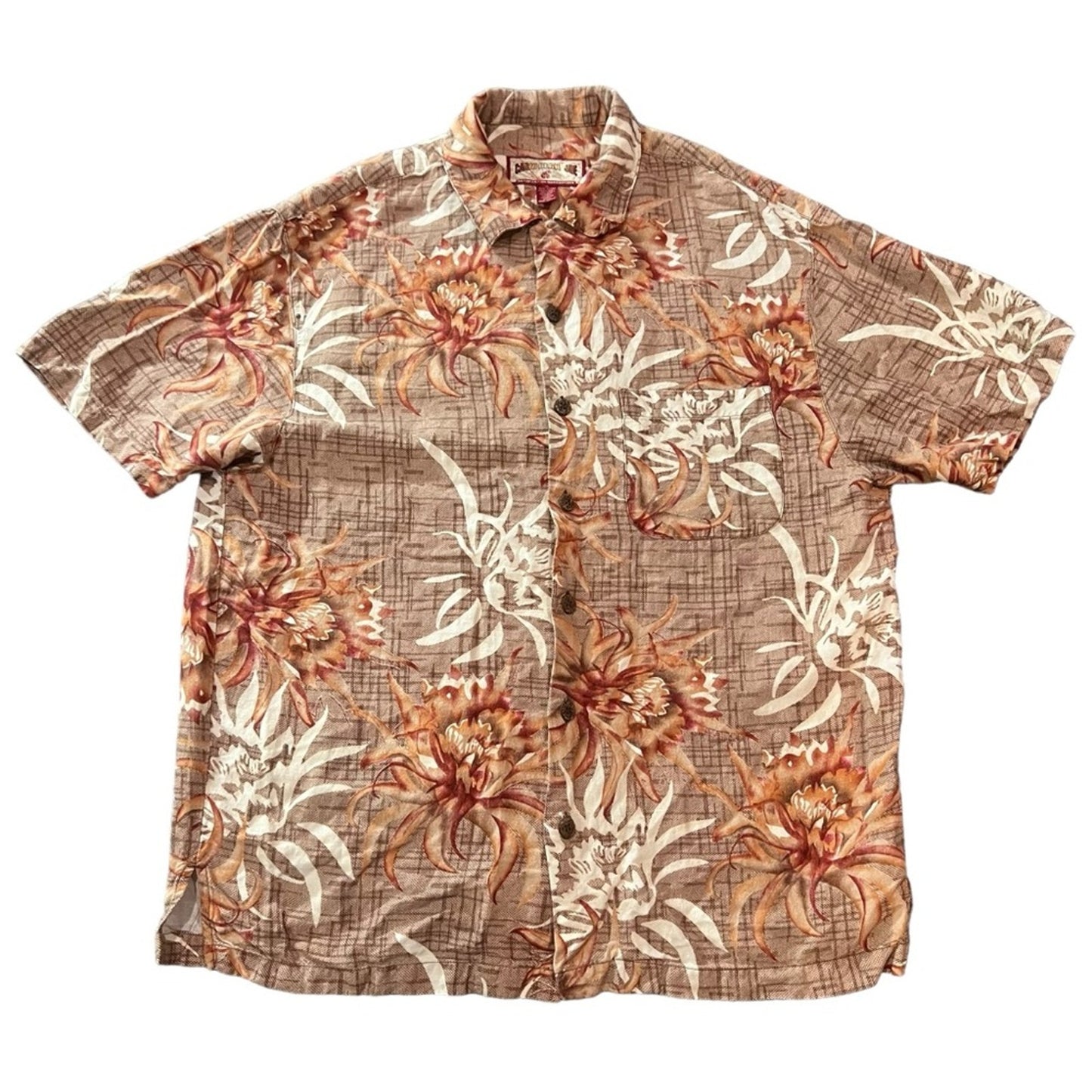 Caribbean Joe Hawaiian Shirt Mens Medium Brown Floral Short Sleeve Button-Up