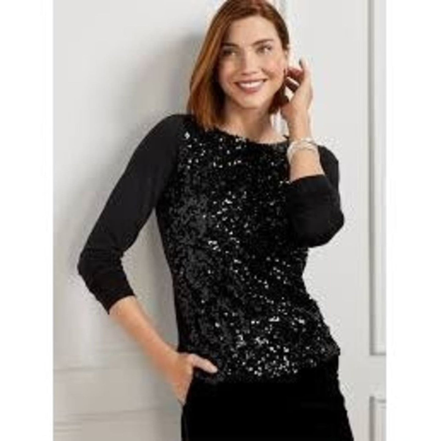 NWOT Talbots Women's Plus Size 1X Black Sequined Long Sleeve Crewneck Blouse