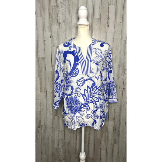 Talbots Petite Women's Large V-Neck 3/4 Sleeve Floral Tunic Top Blouse