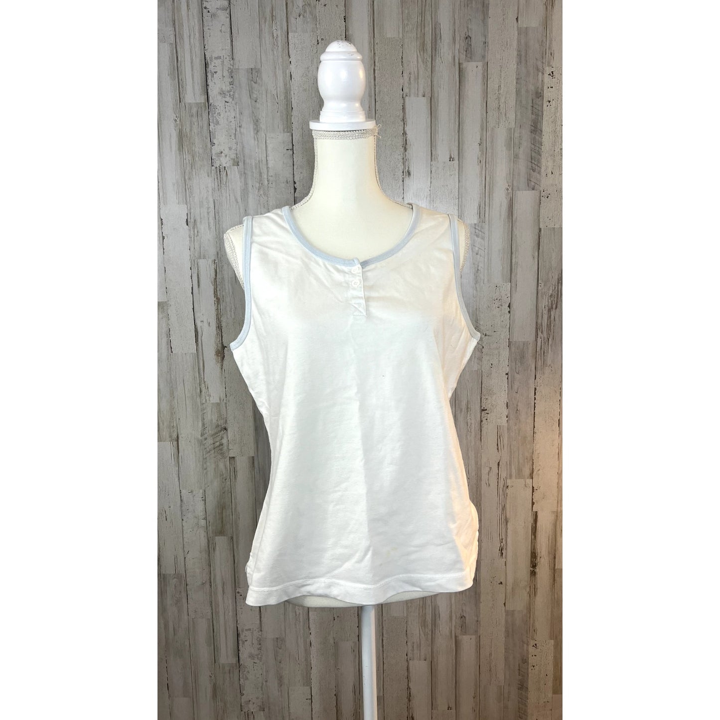 Norton Studios Women's Large Sleeveless Round Neck Solid White Blue Trim Blouse