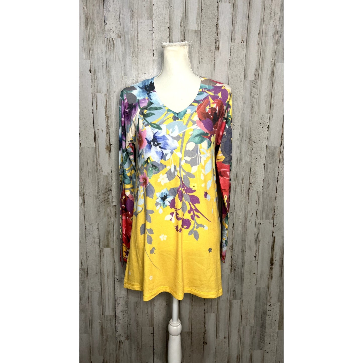 Soft Surroundings Women's Medium Yellow Floral Delphina V-Neck Tunic Sweater