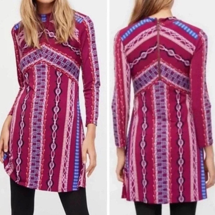 Free People Women's Small Purple Geometric Long Sleeve Mini Dress