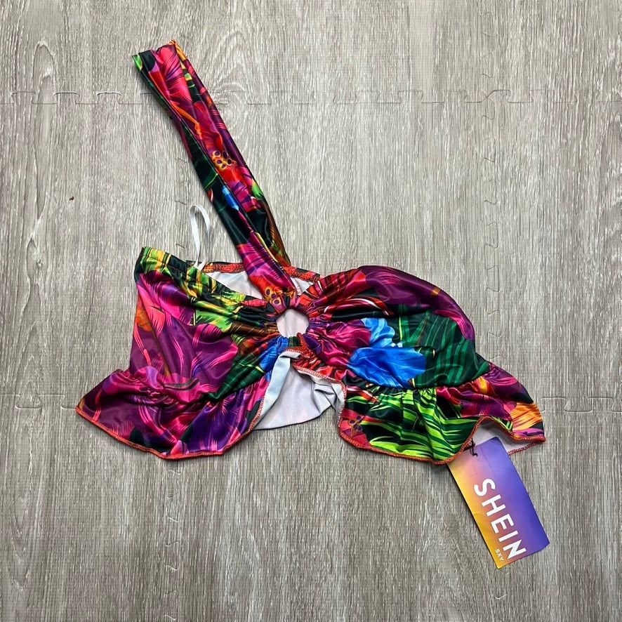 NWT SHEIN Women's Size 6 Multicolor Floral Bikini Top Ruffle Edge Ring Detail