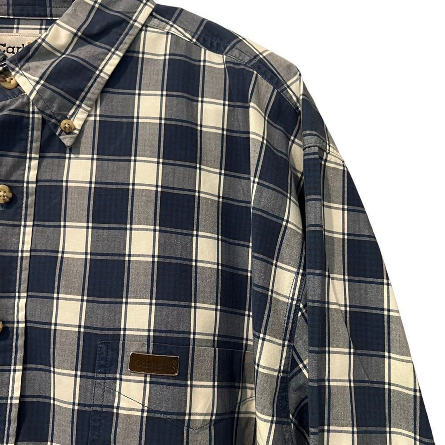 Carhartt Button-Up Shirt Mens Large Tall Navy Blue White Plaid Check Long Sleeve