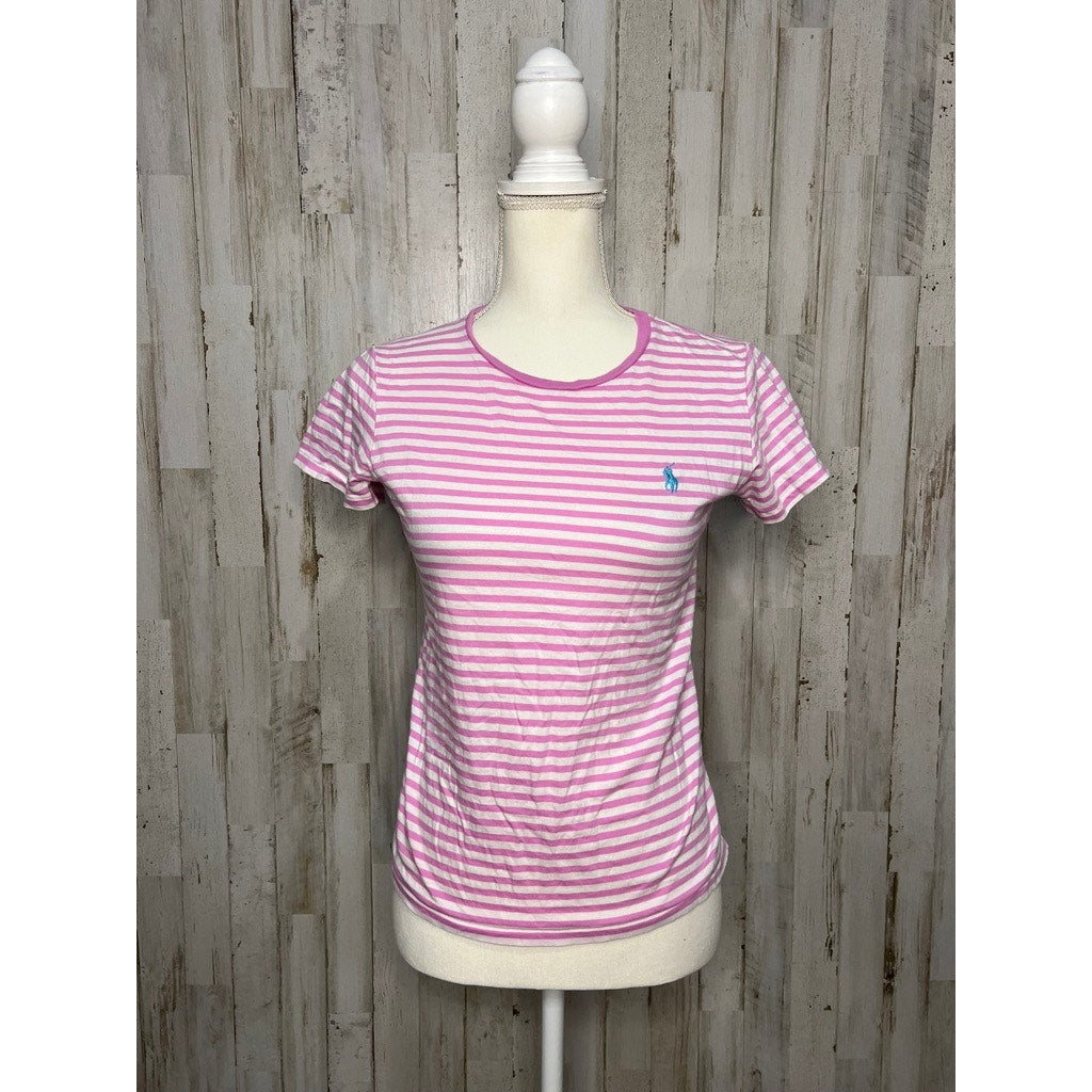 Polo Ralph Lauren Women's Striped T-Shirt Medium Pink & White Casual Crew Neck