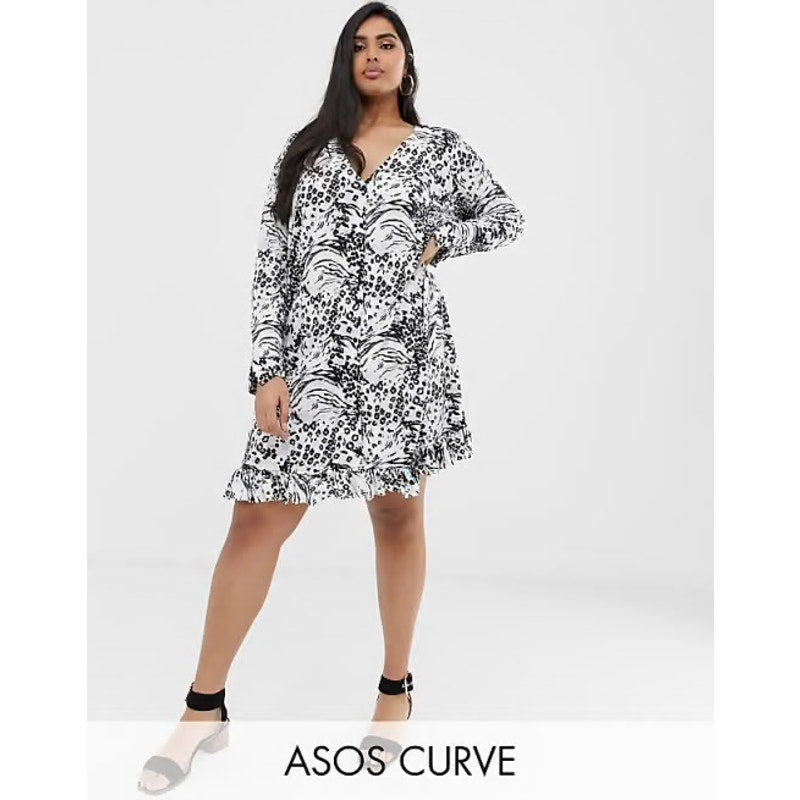 ASOS DESIGN Women's Size 16 Black Animal Print Long Sleeve Button Front Dress