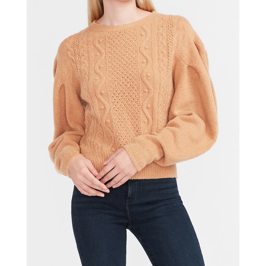 Express Women's XL Tan Cable Knit Puff Sleeve Pullover Sweater