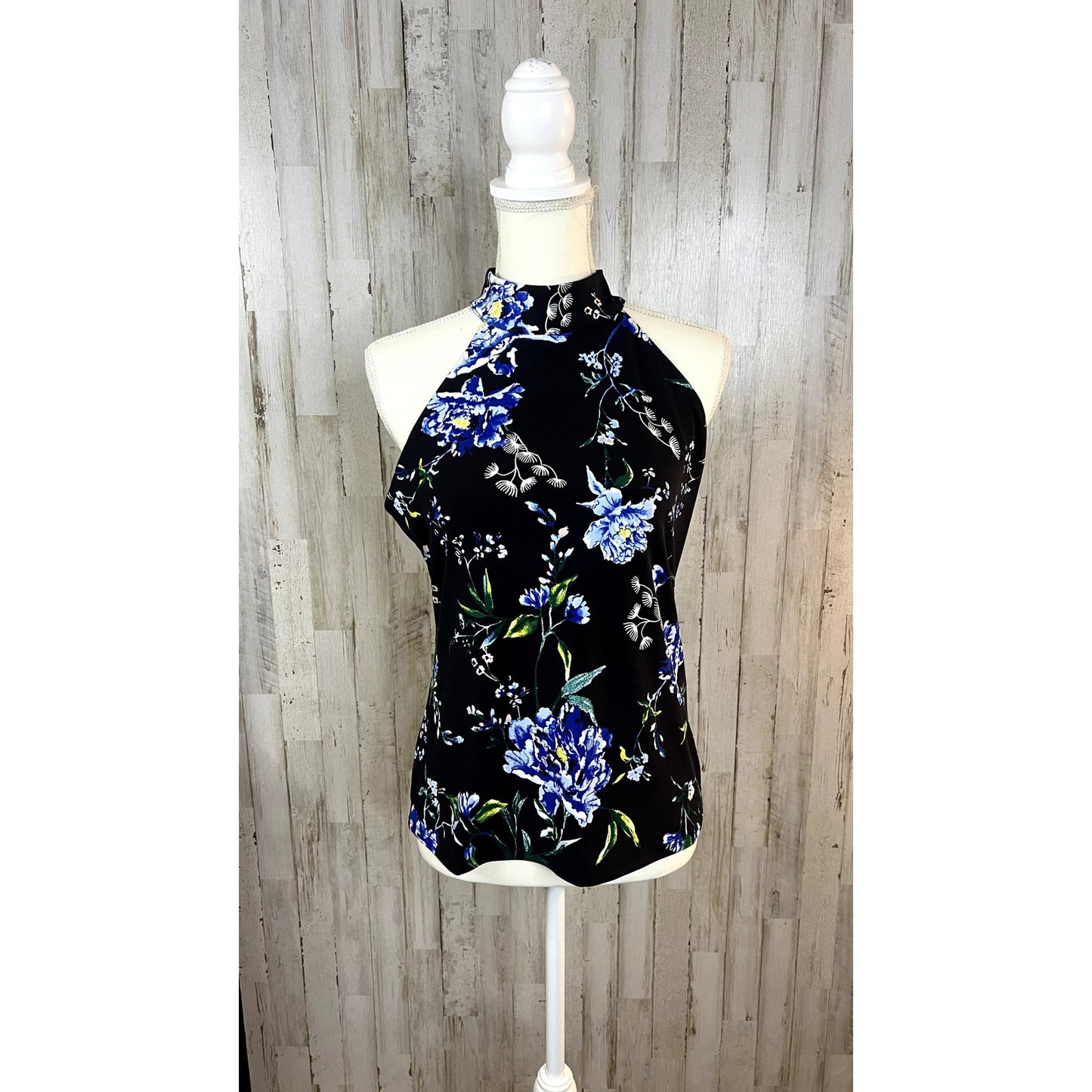 NWT WHBM Women's Small Sleeveless Floral Halter Blouse Black Mock-Neck Top