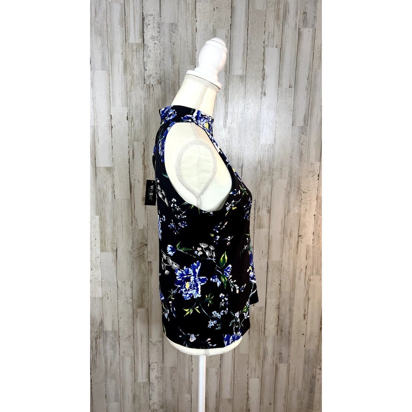 NWT WHBM Women's Small Sleeveless Floral Halter Blouse Black Mock-Neck Top