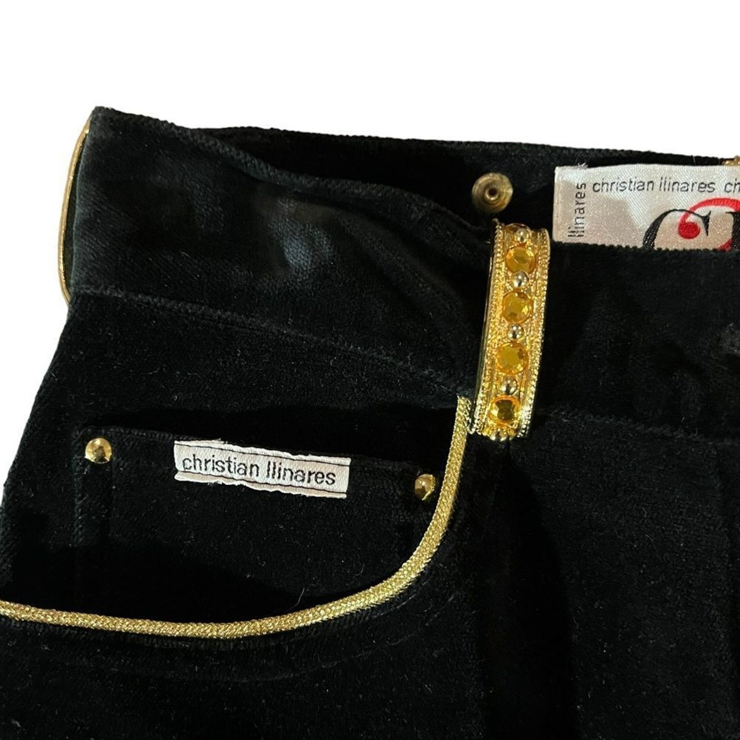 Christian Llinares Pants Womens 28 Black Velvet Slim Straight Gold Trim