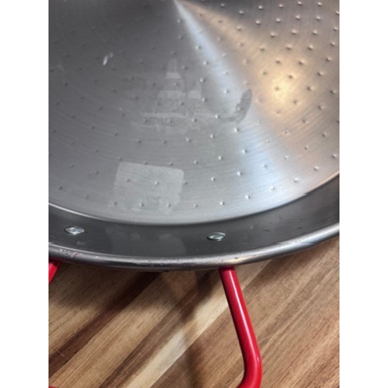 Garcima Paella Pan Silver Round Dimpled Base Red Dual Loop Handles