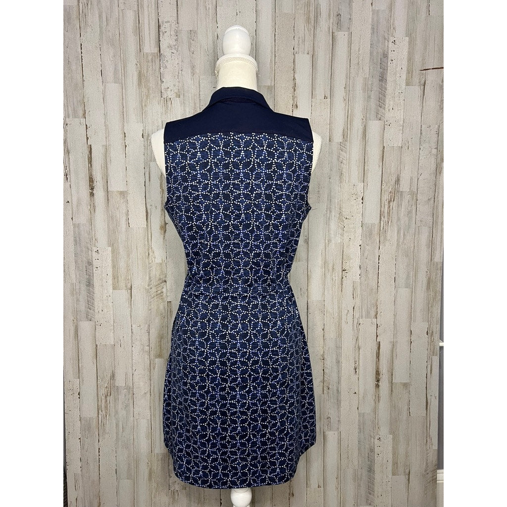 Talbots Petites Sleeveless Geometric Blue Knee-Length Dress Size Medium