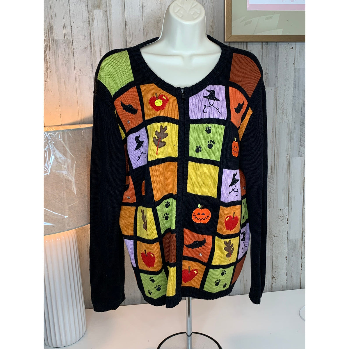 Richard Sport Sweater Womens Extra Large Black Halloween Full Zip Witch Bat Pumpkin