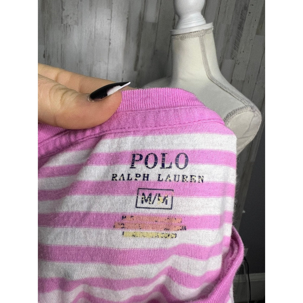 Polo Ralph Lauren Women's Striped T-Shirt Medium Pink & White Casual Crew Neck