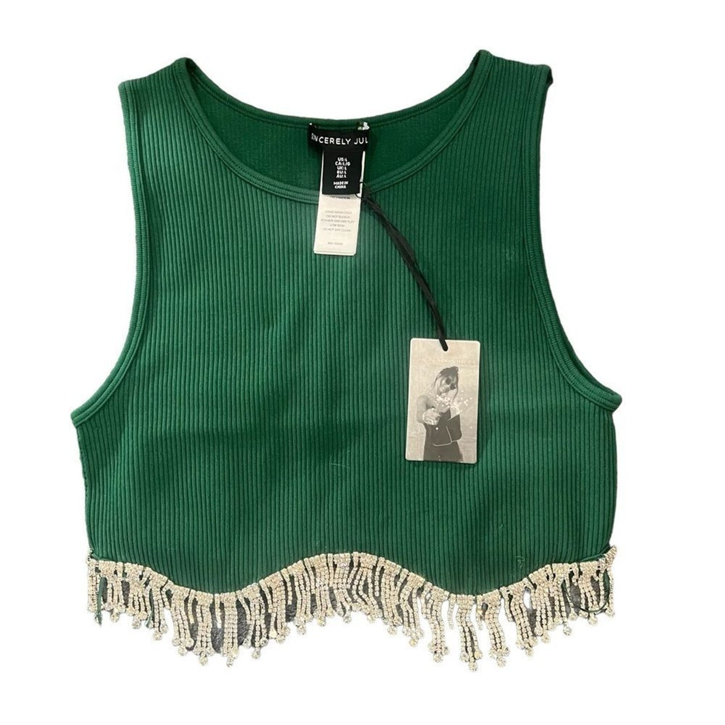 NWT Sincerely Jules Tank Top Womens L Green Cropped Rhinestone Fringe Hem