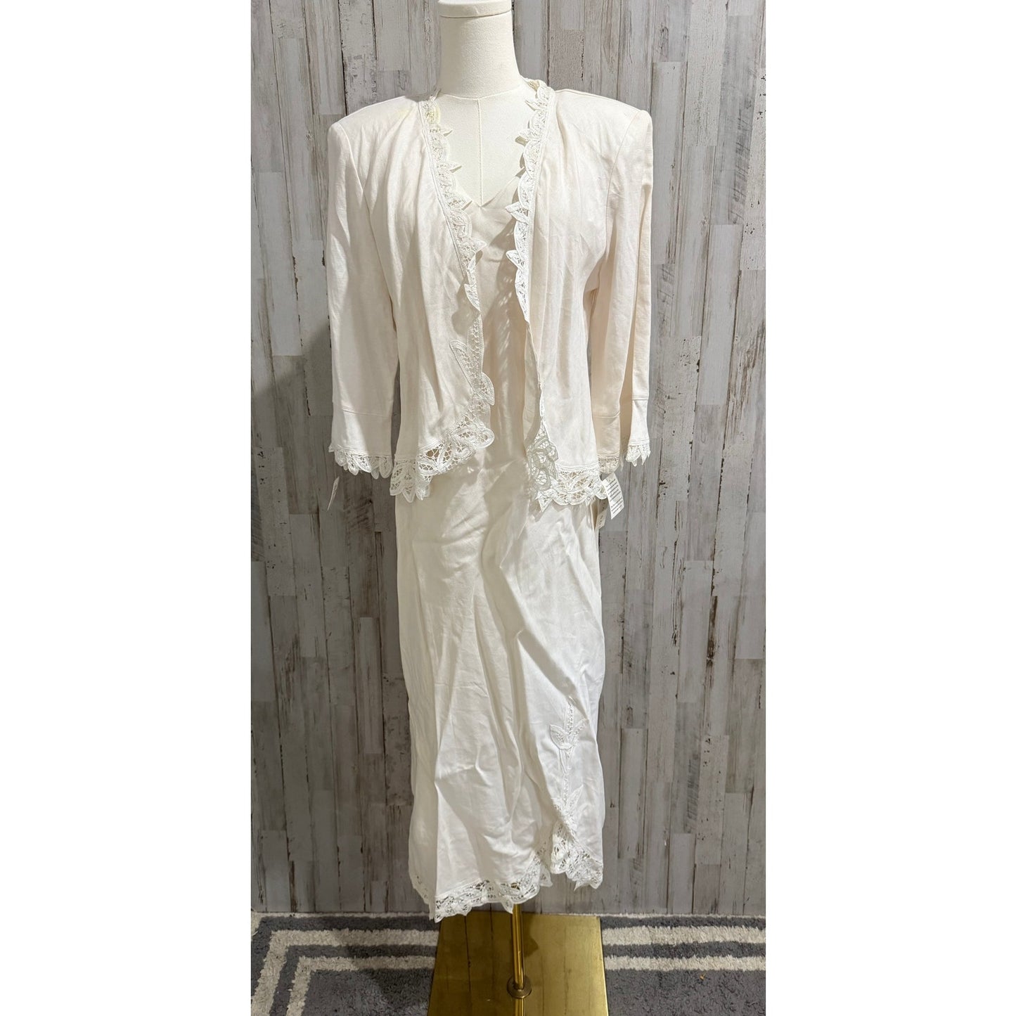 NWT Plaza South 2pc White Linen Battenberg Lace Trim Maxi Dress & Jacket Size 10