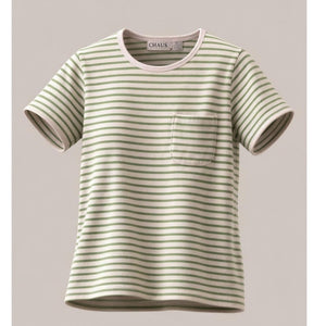 Chaus Sport T-Shirt Womens XL Green & White Striped Chest Pocket Crew Neck