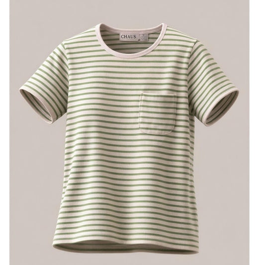 Chaus Sport T-Shirt Womens XL Green & White Striped Chest Pocket Crew Neck