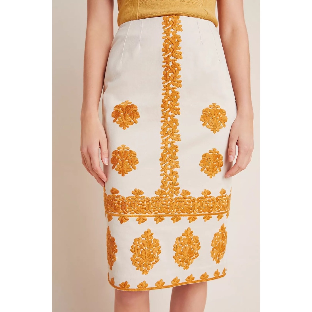Anthropologie Women's Gold Verona Floral Embroidered Pencil Skirt Size 2