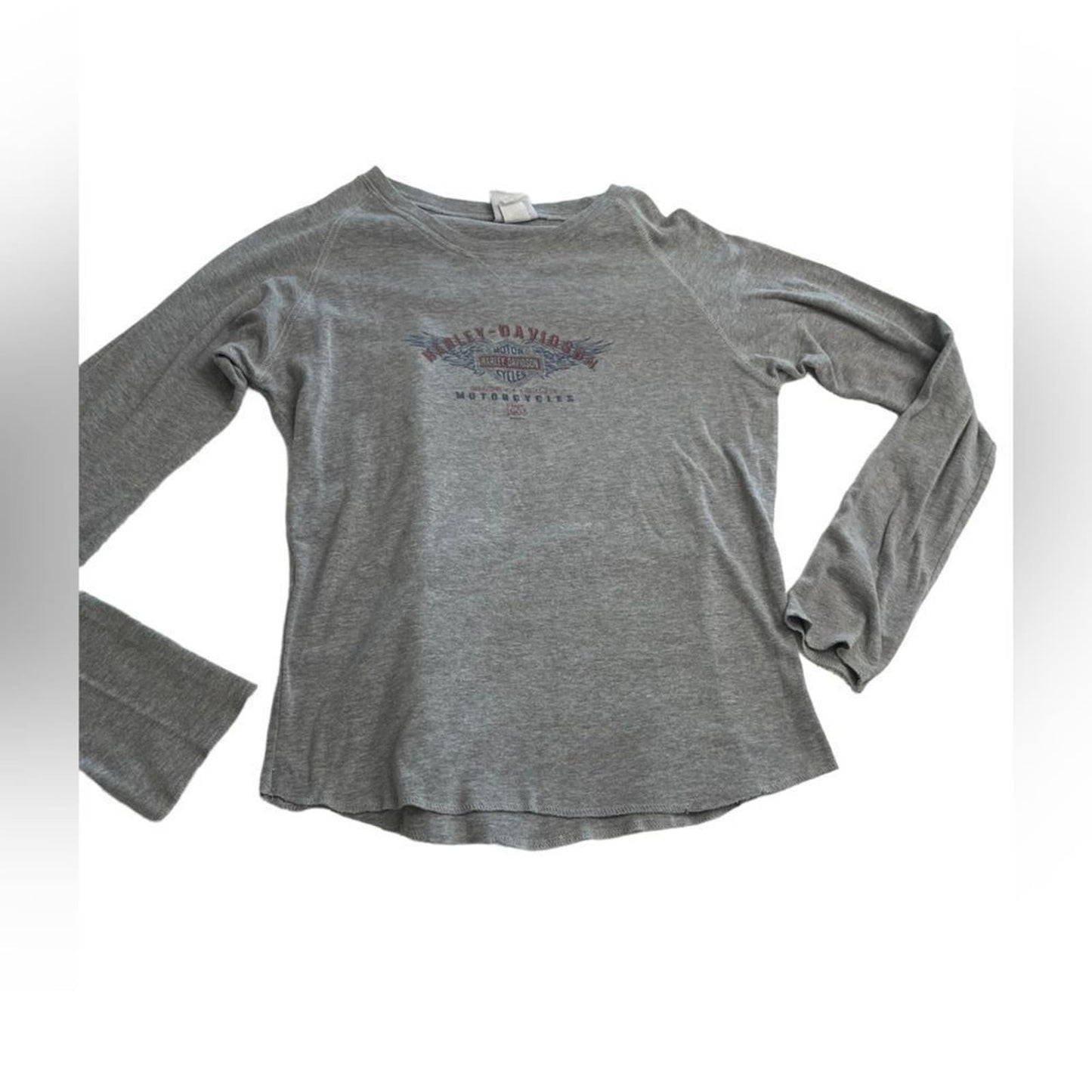 Women's Y2K Vintage Harley Davidson Grey Long Sleeve T-Shirt Size Large