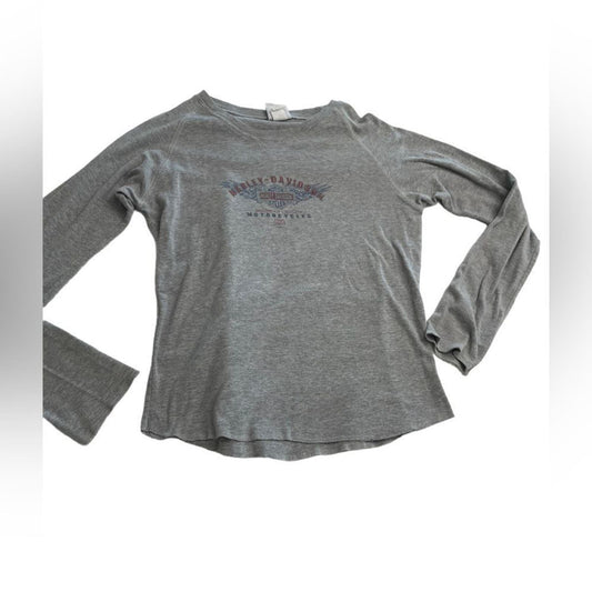 Women's Y2K Vintage Harley Davidson Grey Long Sleeve T-Shirt Size Large