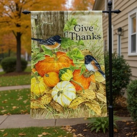Garden Flag "Give Thanks" Autumn Birds & Pumpkins