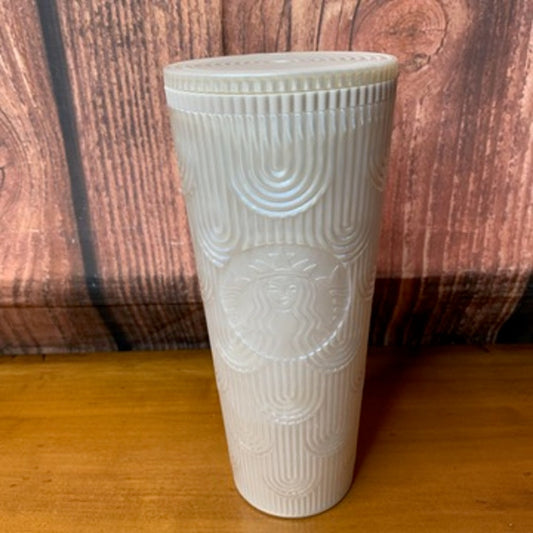 Starbucks Cold Cup Tumbler 24oz White Pearl Shell w/ Lid NO STRAW