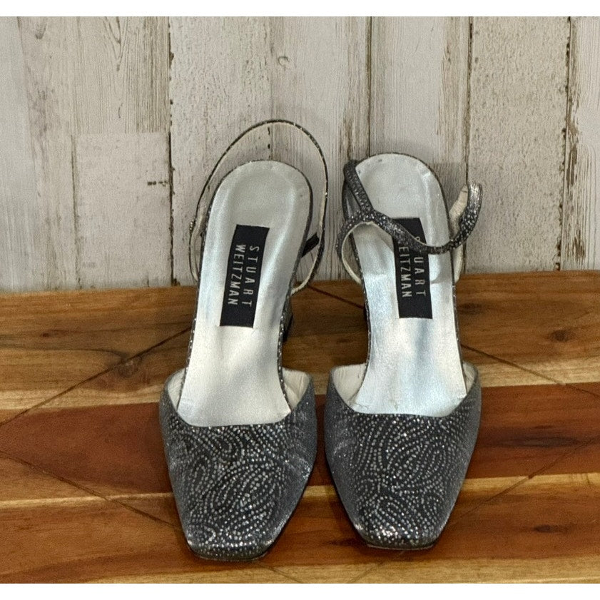 Stuart Weitzman Women's Silver Strappy Block Heels Formal Size 9