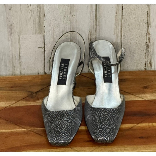 Stuart Weitzman Women's Silver Strappy Block Heels Formal Size 9