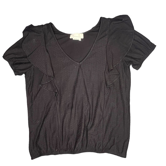 Anthropologie Women's Small Black Flutter Sleeve V-Neck Blouse w/ Ruffle Details