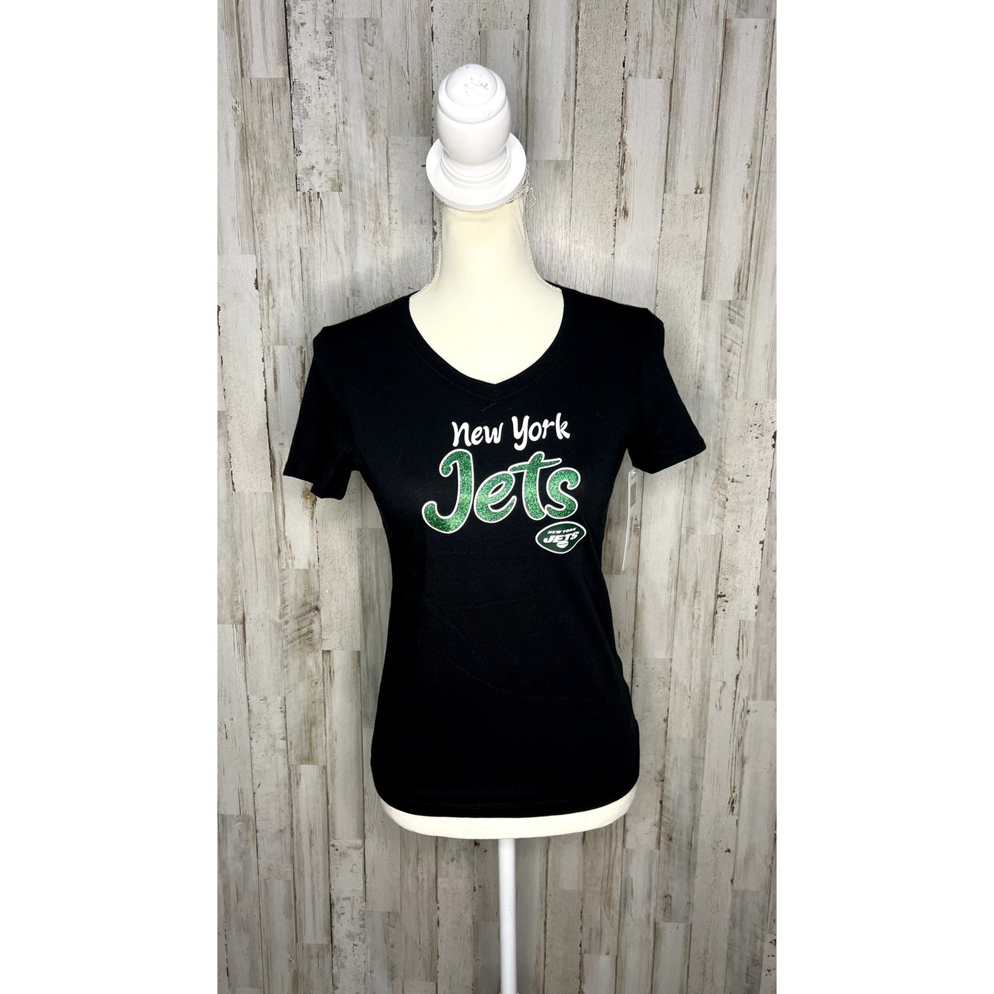 NWT New York Jets Youth Girl's Black V-Neck T-Shirt Sparkly Logo Size XS