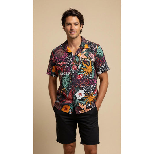 Bacardi Hawaiian Camp Shirt Men's Small Floral Tropical Button Up Black