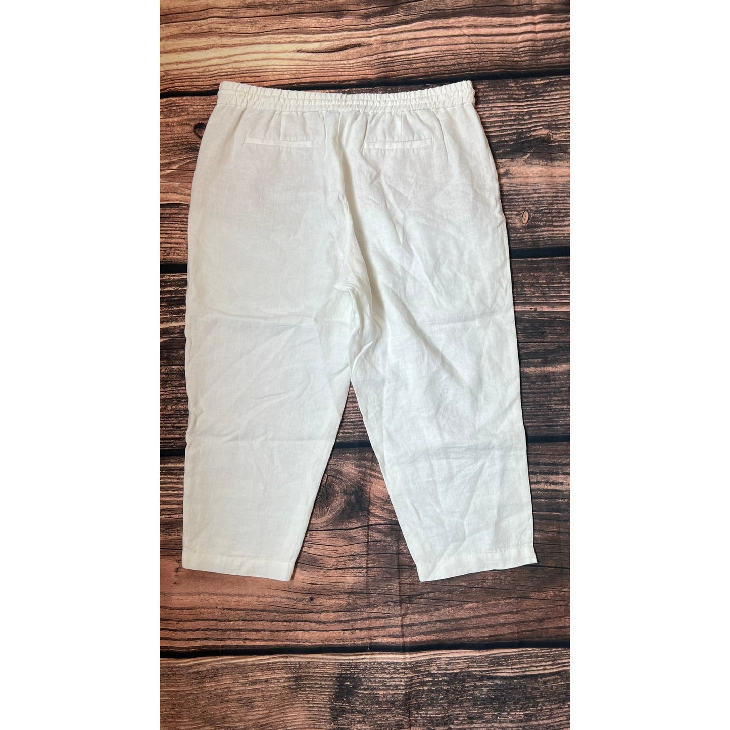 Talbots Women's Petite Size 14 100% Linen White Beach Pants Elastic Waist Casual