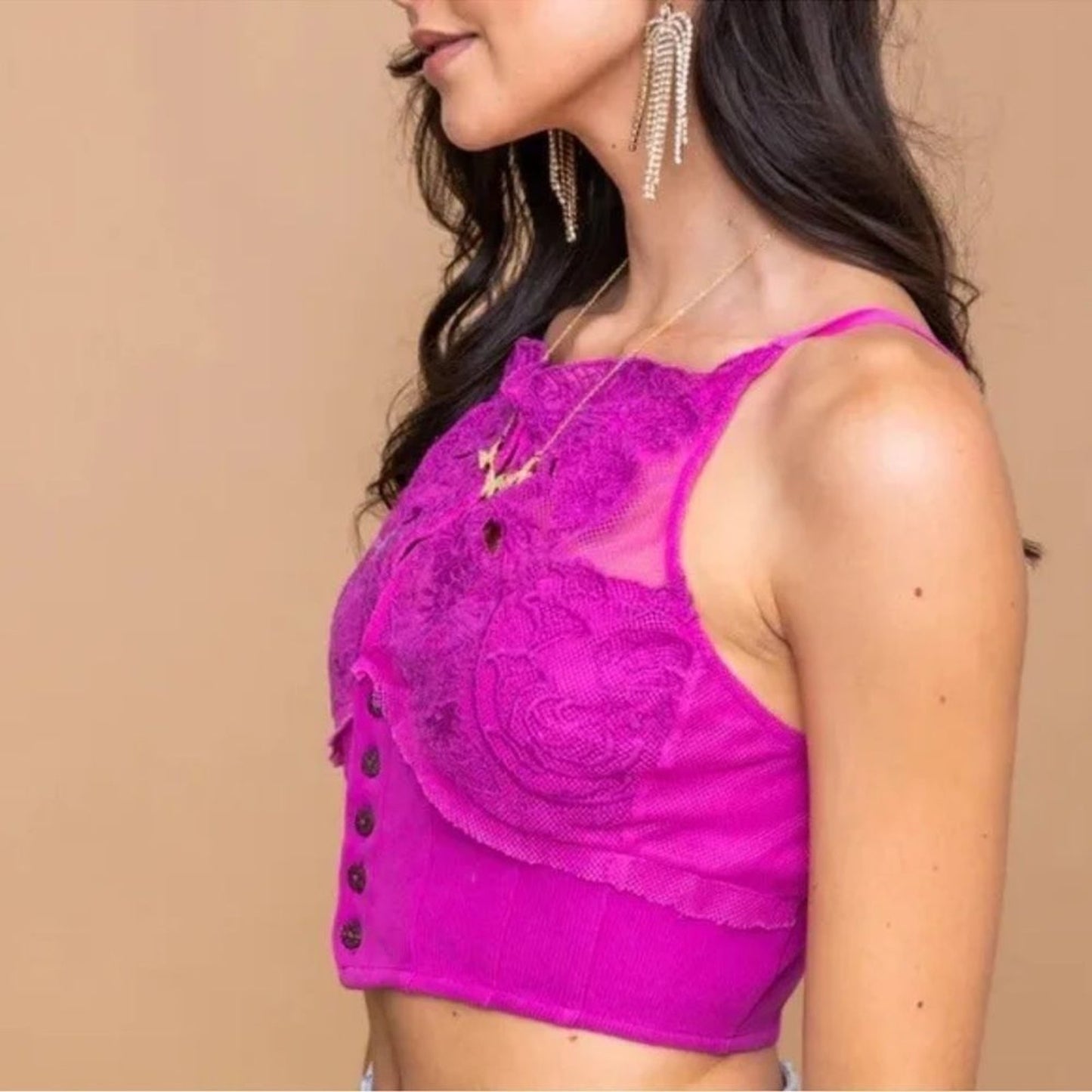 NWT Free People Have My Heart Tank Top Womens XL Pink Lace Corset Crop Cami