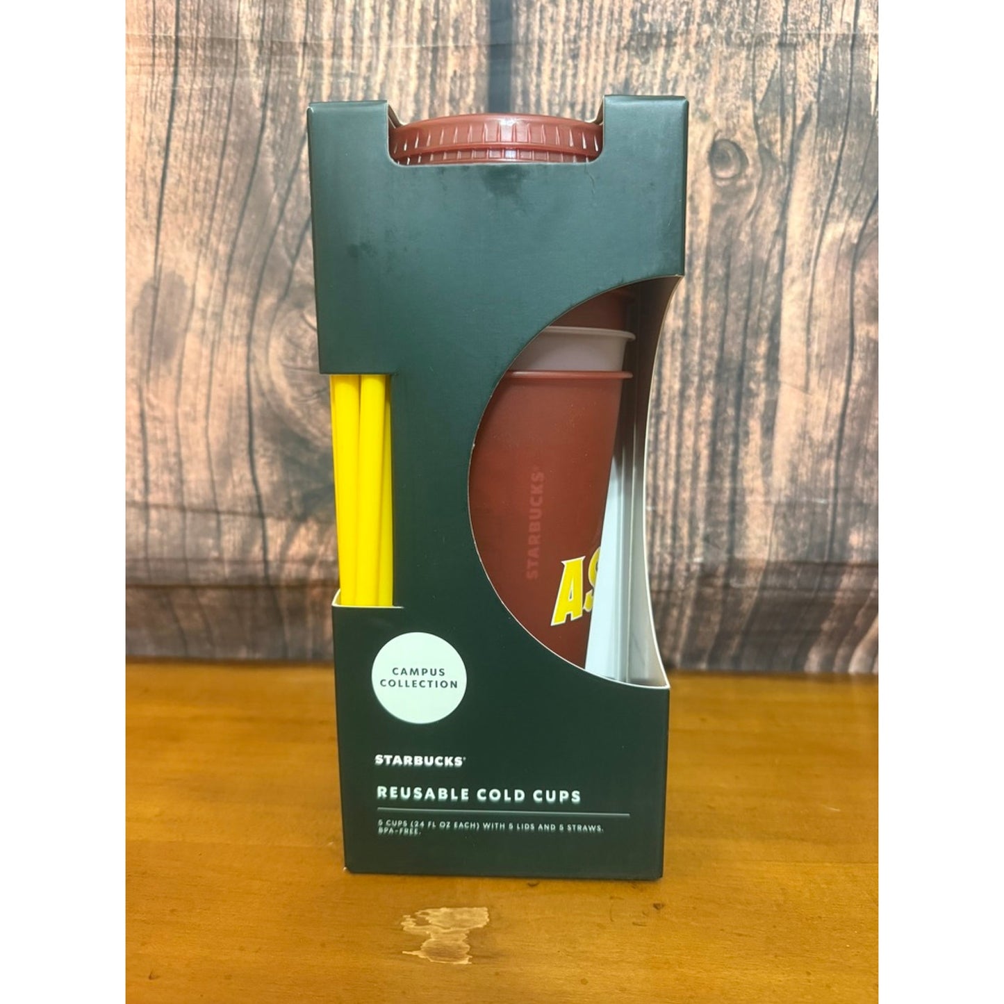 NEW IN BOX Starbucks ASU Campus Collection Reusable Cold Cups Set of 5 w/ Straws