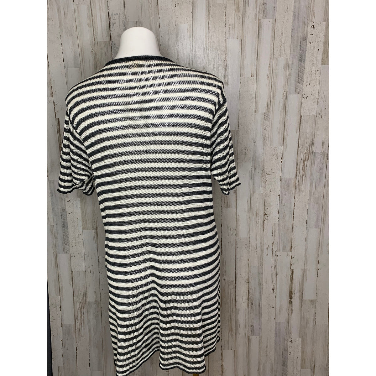 Eileen Fisher Dress Womens Small Black Ivory Striped Shift Knee Short