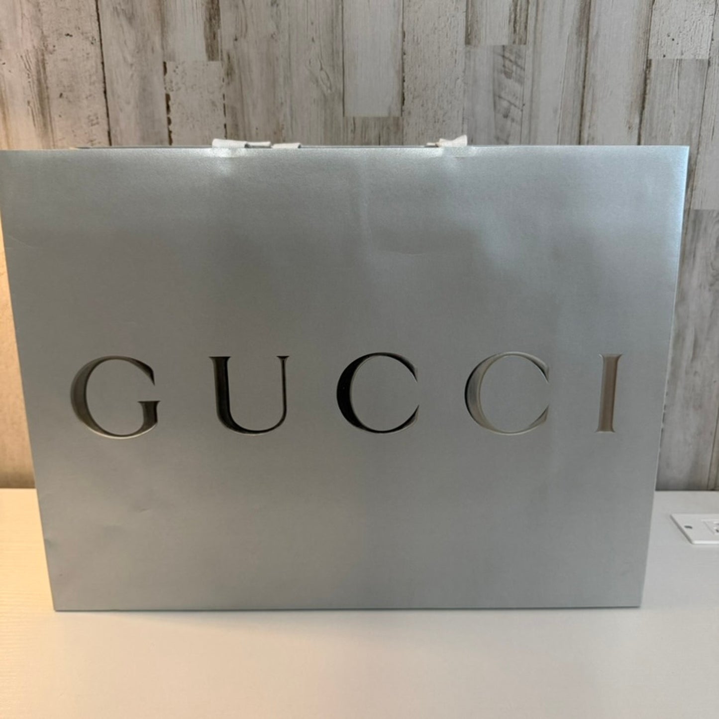 Gucci Large Metallic Silver Shopping Gift Bag White Ribbon Handles