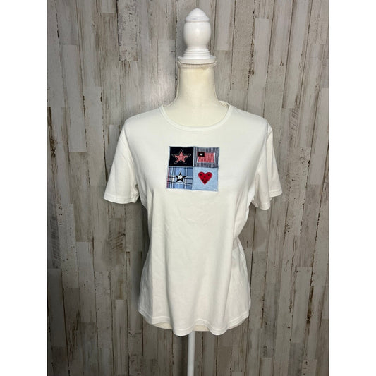 Talbots Women's Short Sleeve Tee White USA Crew Neck Patchwork Size Large