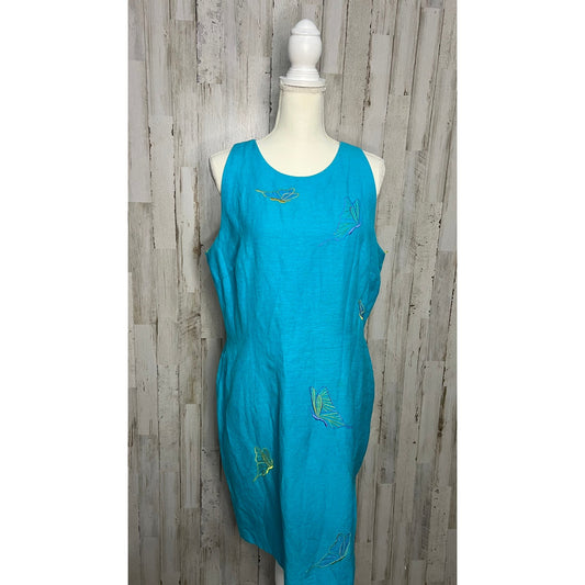 Talbots Women's Size 16 Aqua Blue Linen Shift Dress Sleeveless Casual