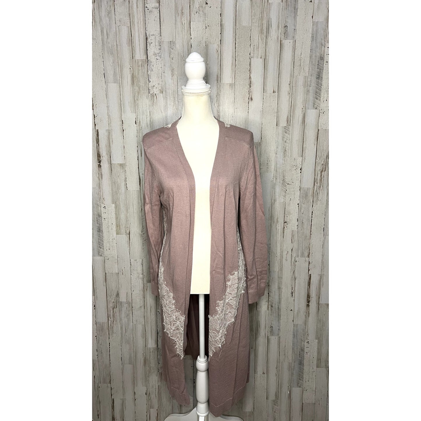 Soma Women's Long Knit Duster Cardigan Lace Trim Pink Size Medium