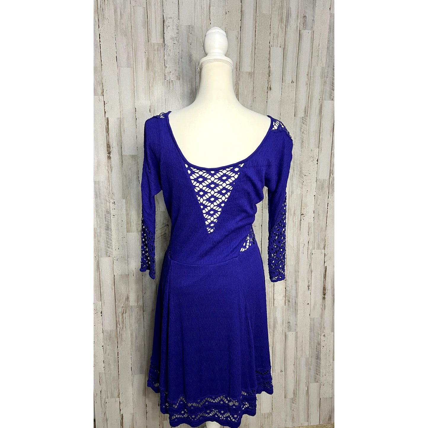 Free People Women's Blue Knee Length Dress Medium Bohemian Casual 3/4 Sleeve