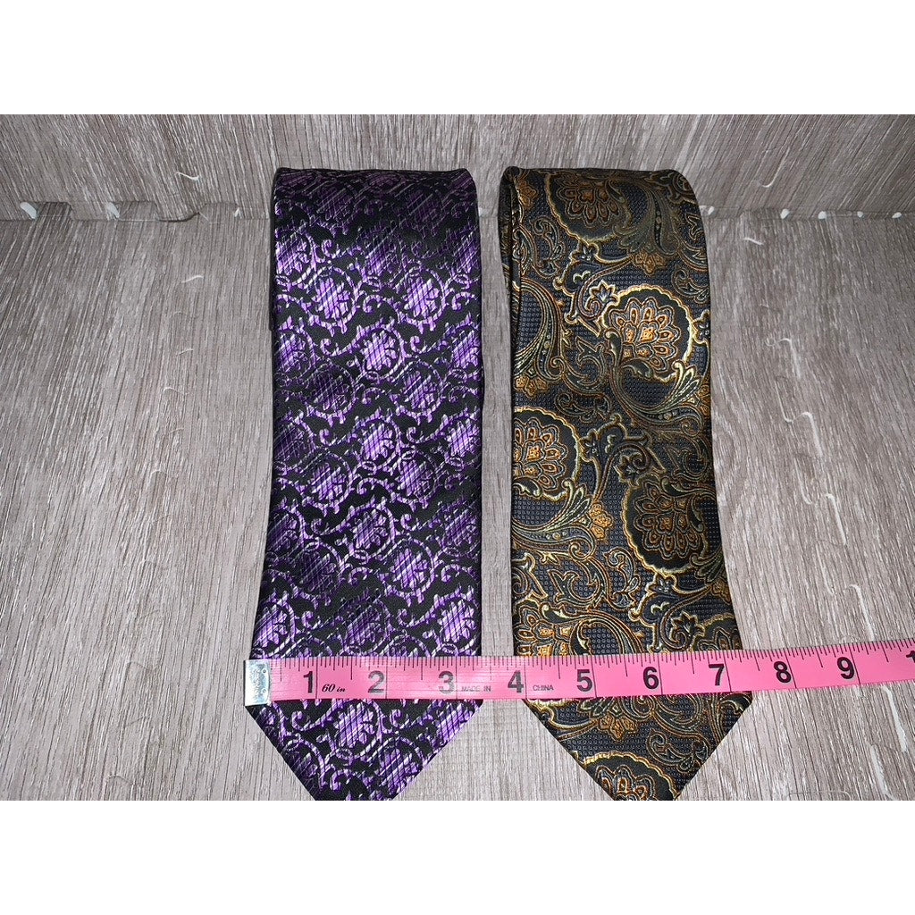 Men's MENZ Silk Necktie 2 pc Set Purple & Black Floral Geometric Design
