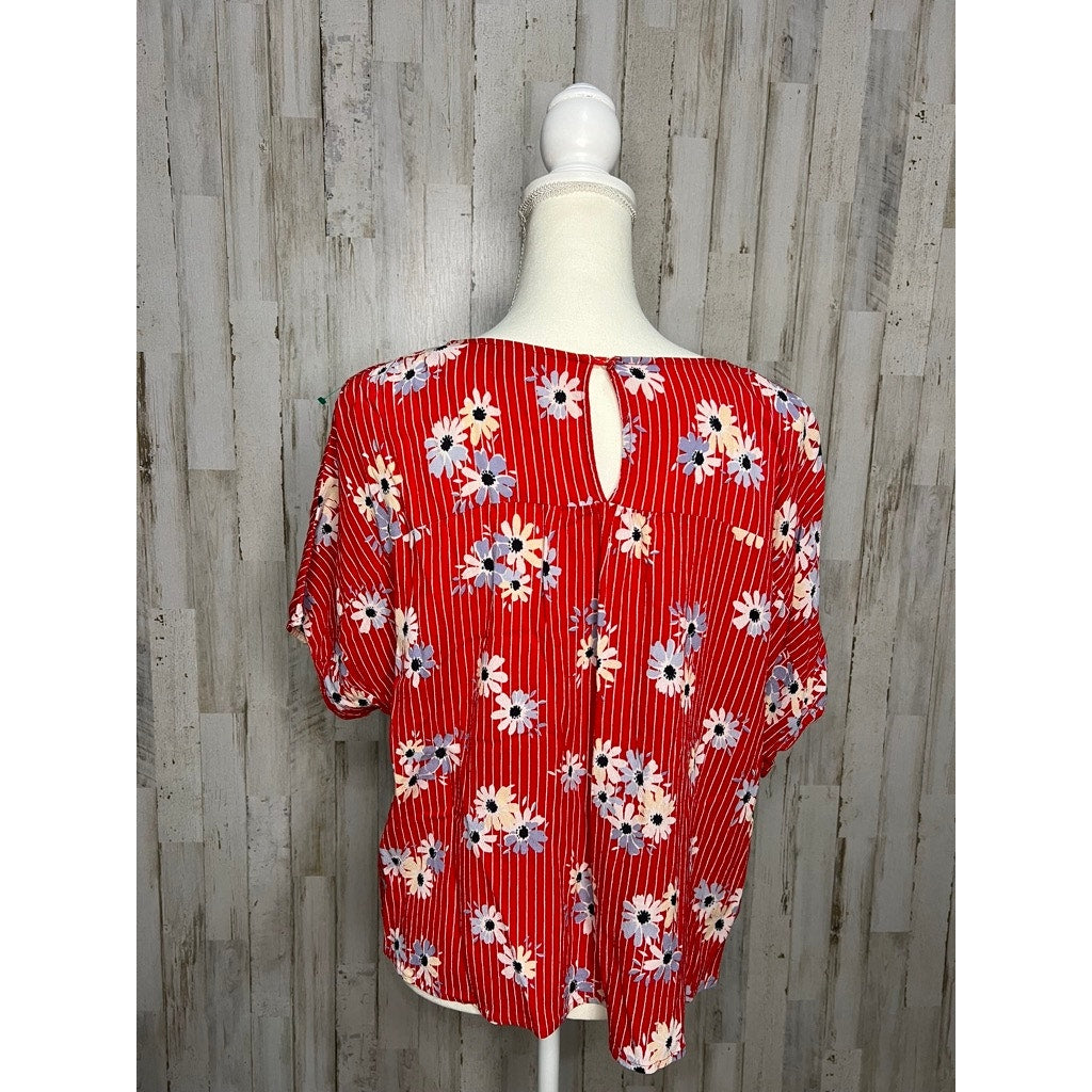 Madewell Women's Large Floral Cropped Blouse Red V-Neck Short Sleeve