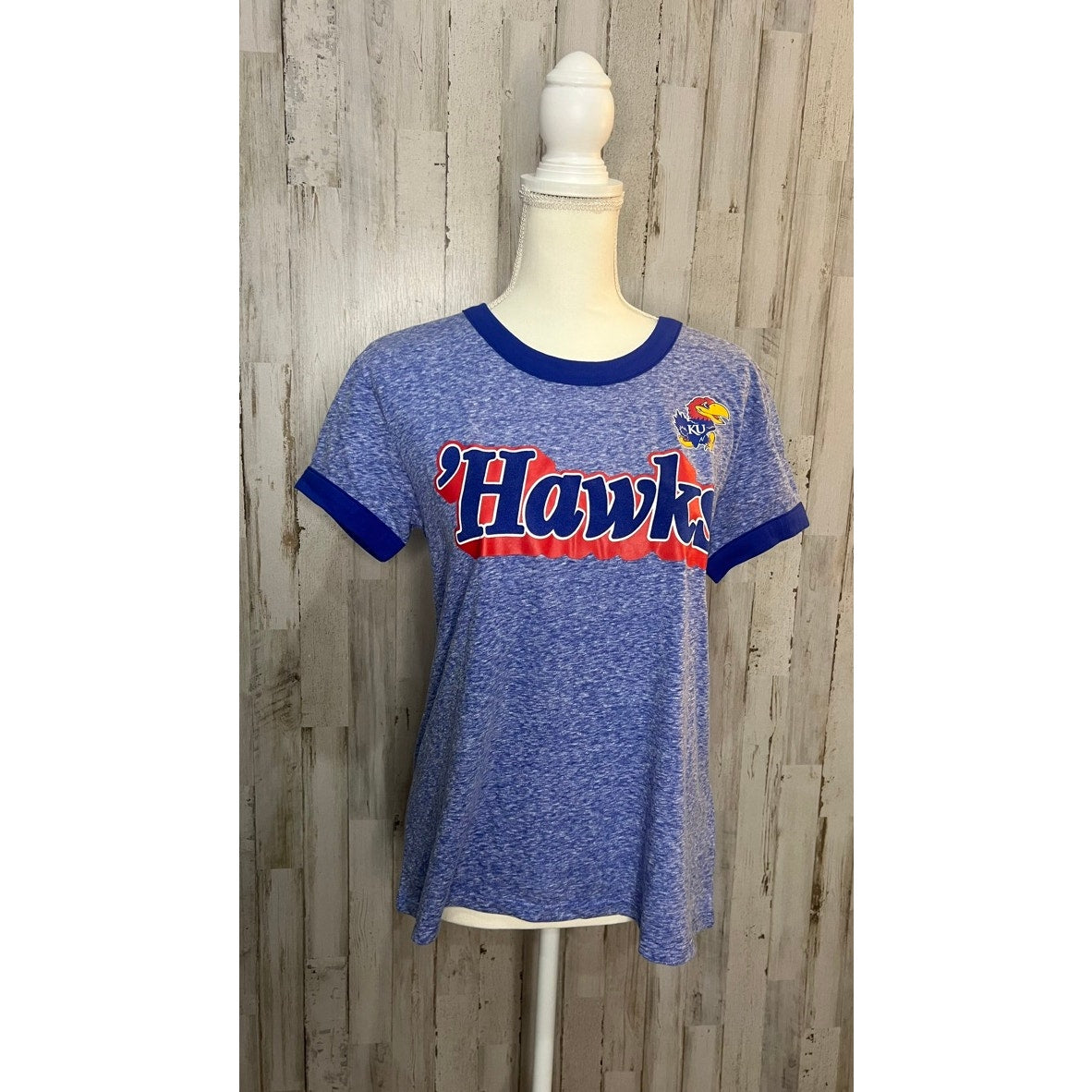 NWT Kansas Jayhawks Women's Small Blue Ringer T-Shirt Graphic Print Sports Tee