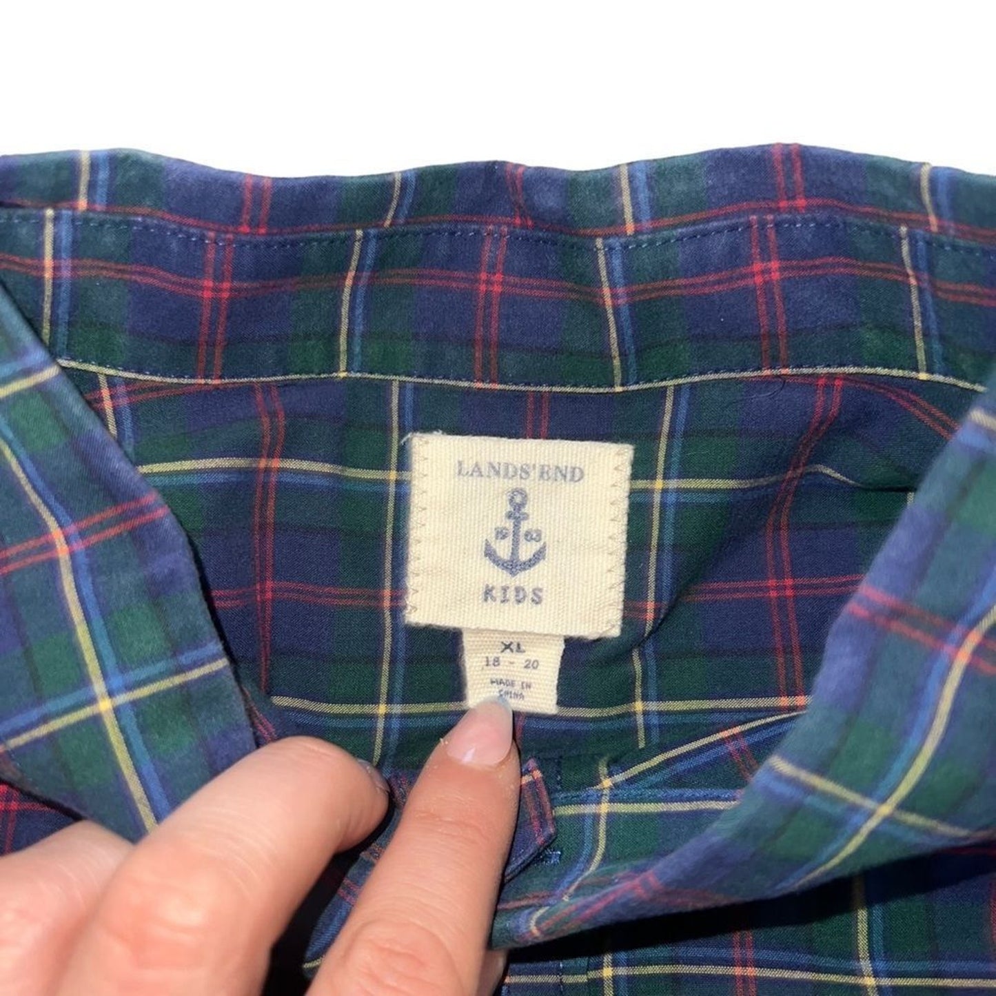 Lands’ End Boys Shirt XL (18-20) Blue Green Tartan Plaid Button-Up Long