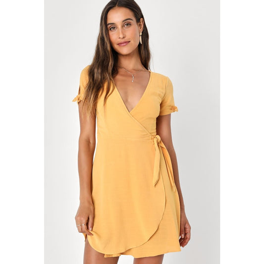 NWT Lulus My Philosophy Golden Yellow Wrap Dress XL Short Sleeve Summer V-Neck