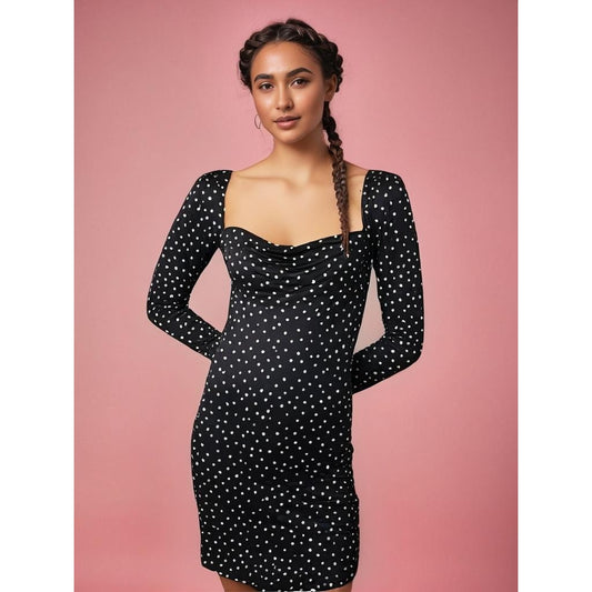 PrettyLittleThing Women's Size 8 Black Polka Dot Bodycon Long Sleeve Midi Dress