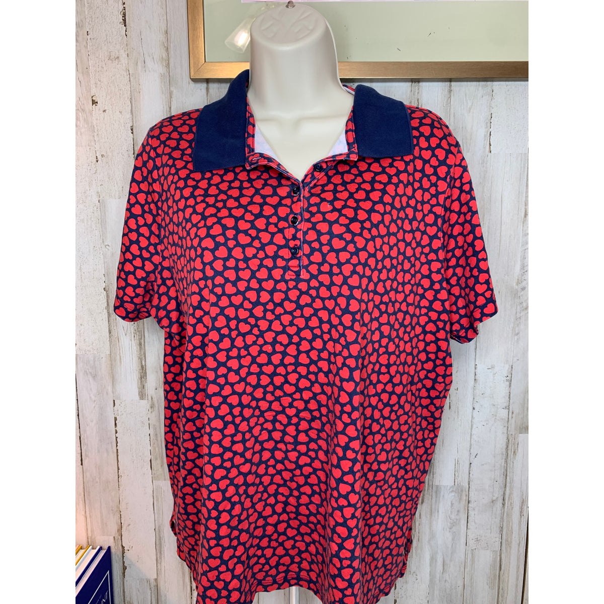 Lands' End Polo Shirt Womens Plus 1X Navy Blue Red Heart Print Short